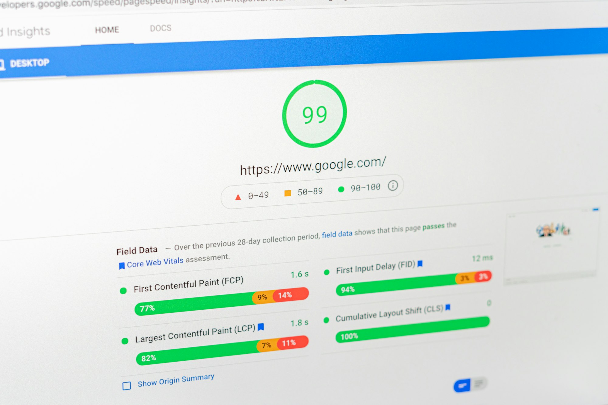Écran PageSpeed Insights affichant les Core Web Vitals, dont le CLS